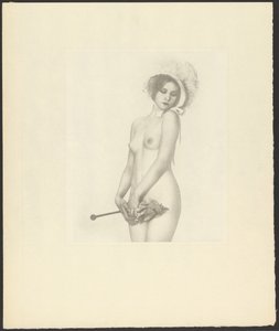 [ボンネットをかぶり日傘を差す女性ヌード】。］