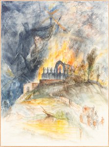 上に悪魔がいる炎の中にある教会の建物 作： Arthur Frederick Payne