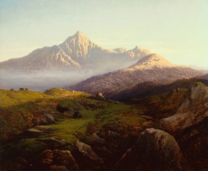 山岳風景の中のハイランド牛（キャンバスに油彩） 作： Arthur Gilbert