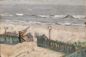 漁師と犬が水浴びする小屋、1900年頃
