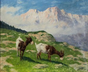 山の風景の中のアーサー・ヘイヤー山羊 作： アーサー・ヘイアー