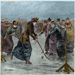 アイスホッケー：ウィンブルドン公園の湖での女性の試合。 （後の着色）。 作： Arthur Hopkins