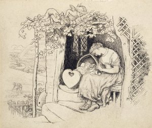 ゆりかごによって（グラファイトの上にペンとインドのインク） 作： Arthur Hughes