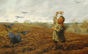 Crow-Scarer; "鳩とカラス、つま先の世話をする"、1884 作： Arthur Hughes