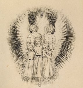 広大な地球上の3人の小さな子供（オフホワイトの紙にペンと黒のインク） 作： Arthur Hughes