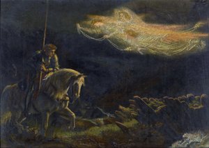 ガラハッド卿。 La Quete du Saint Graal Sir Galahad. The Quest for the Holy Grail par Arthur Hughes (1832-1915) - 木材に油彩、30,5x43 - プライベート コレクション 作： Arthur Hugues