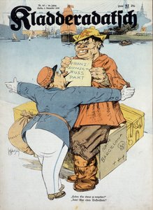 仏ソ協定に関するドイツの漫画（フランスの税関職員とロシアの船員："何か申告するものはあるか？いいえ！武器だけだ。(スペイン戦争の文脈）、"Kladderadatsch" 8/11/1936、アーサー・ジョンソン（1874-1954）絵。 作： アーサー・ジョンソン