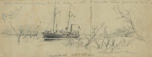 パマンキー川でのUSSクリタックとタグボートSeth Low（1862年 作： アーサー・ラムリー