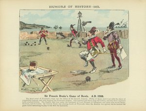 フランシス・ドレーク卿のボウルゲーム。西暦1588年（カラーリトグラフ） 作： アーサー・モアランド