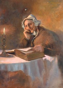 キャンドルライトで聖書を読んでいる老婆の肖像、1896 作： Arthur Netherwood