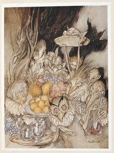 ACT III: シーン III、19 行目 いくつかの奇妙な形に入り、宴会をもたらします... 王様などを食事に誘う。 作： Arthur Rackham