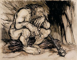最もおもしろい巨人、英語のおとぎ話のイラスト、1918年に発行（ペンとインク、紙にトイレ） 作： Arthur Rackham