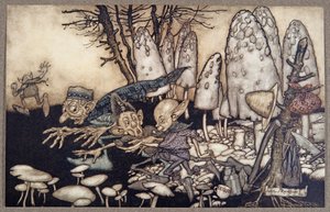毒キノコを見下ろしていた労働者の集団が、パブのJMバリー（1860-1937）によってケンジントンガーデンズのピーターパンから道具を残して急いで逃げました。 1906 作： Arthur Rackham