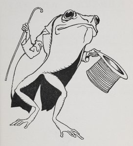 シルクハットと尻尾をつけ、杖をついたカエル。 作： Arthur Rackham