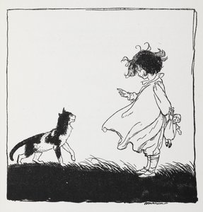 人形を持った少女が猫に告げる。 作： Arthur Rackham