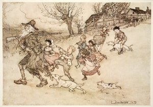パブのワシントンアービングのリップヴァンウィンクルから、奇妙な子供たちの軍隊がかかとを走り、追いかけ、灰色のひげを指さしました。 1910
