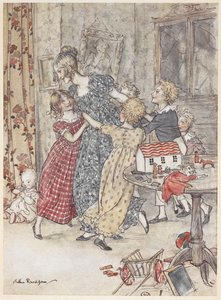おもちゃでいっぱいのプレイルームの周りで踊る若い女性と子供たち 作： Arthur Rackham