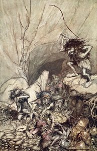 「アルベリヒは金と銀の宝物を持ったニーベルングの一団に乗り込む」、1910年。