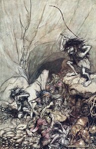 アルベリッヒは、金と銀の宝物を積んだニブルングのバンドを運転します。リーのイラスト 作： Arthur Rackham