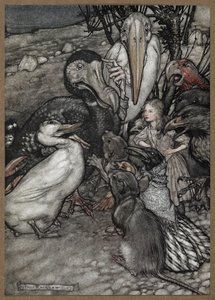 ドードー、アヒル、ネズミ、カラス、オウムなど、コーカス レース後のアリスと動物たち。 作： Arthur Rackham