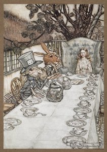 マッドハッターのお茶会でのアリス、三月うさぎ、ヤマネ、マッドハッターと 作： Arthur Rackham