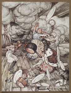 公爵夫人、料理人、チェシャ猫と一緒にキッチンにいるアリス 作： Arthur Rackham