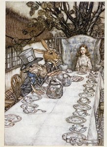 アリスは "in the fools"（帽子屋と火星のリーヴル）を取る-『不思議の国のアリスの冒険』（ルイス・キャロル、アーサー・ラッカム（1867-1939）作）の中で。 作： Arthur Rackham