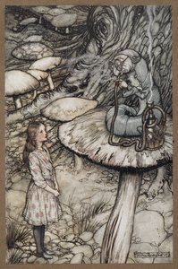 きのこに座ってパイプをくゆらせている毛虫に話しかけるアリス 作： Arthur Rackham