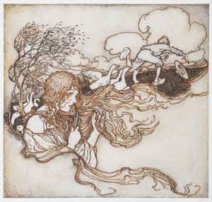The Goosegirl より、ガチョウで髪をとかしている女の子と背景の男の子のイラスト。 作： Arthur Rackham