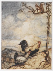 Uma ilustração de uma galinha, galo e esquilo de The Adventures of Chanticleer and Partlet. 作： Arthur Rackham