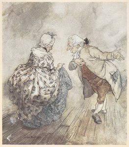 踊ろうとするフォーマルな服装の老夫婦 作： Arthur Rackham