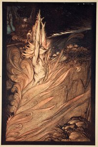 「現れよ、揺らめく炎よ、汝の炎で岩を取り囲め！ ロージェ！ ロージェ！ 現れろ！」、1910年。 作： Arthur Rackham