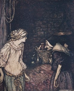 とうとう彼女は地下室に行き、そこでパブのグリム兄弟のおとぎ話から、首を振る老婆と老婆を見つけた。 1909 作： Arthur Rackham