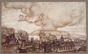 離れて、彼は家の真上を飛んで、JMバリー（1860-1937）によってケンジントンガーデンズのピーターパンからパブに向かいました。 1906