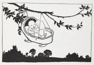 枝にぶら下がっているベビーベッドの赤ちゃん。 作： Arthur Rackham