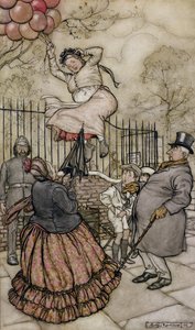 風船、ケンジントンガーデンズのピーターパンのイラスト、JMバリー作、1906年発行（紙にペンとインクとトイレ） 作： Arthur Rackham
