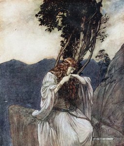 ブリュンヒルデはジークフリートが残した指輪にキスします。ジークフリートとツイットのイラスト 作： Arthur Rackham