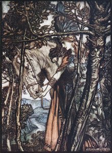 ブリュンヒルデは手綱で馬を先導します。リカによるラインゴールドとヴァルキリーのイラスト 作： Arthur Rackham