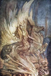 グランのブリュンヒルデがジークフリートの葬儀の火葬場に飛び降りた。ジークフリートとTwのイラスト 作： Arthur Rackham