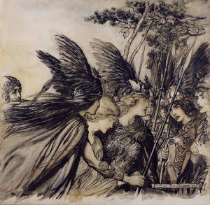 Brunnhilde Implores the Valkyries、The Rhinegold and the Valkyrieのイラスト、リチャードワーグナー著、1910年発行の版（紙、ペン、インク、トイレ） 作： Arthur Rackham