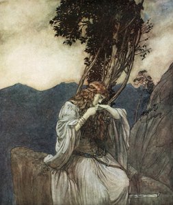 「ジークフリートが残した指輪にキスをするブリュンヒルデ」、1924年。 作： Arthur Rackham