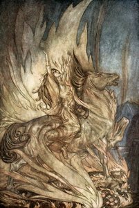 「グラネのブリュンヒルデがジークフリートの葬式の火葬場に飛び乗る」、1924年。 作： Arthur Rackham