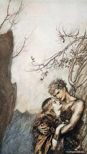 「ブリュンヒルデはジークフリートの腕の中に身を投げる」、1924年。 作： Arthur Rackham