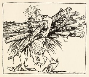 カールがアイルランドのおとぎ話のドラブコートのカールから夜の避難所を建設 作： Arthur Rackham