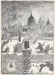 遠くにセント ポール大聖堂のドームが見える夜、雪の屋根の上で遊ぶ子供たち。 作： Arthur Rackham