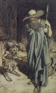 ドワーフとウォータン、ニーベルンゲンのワグナーリング、1911年（WC、ペン、インク） 作： Arthur Rackham