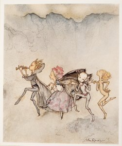 一人一人がつま先でつまずいて、パブのウィリアムシェイクスピアーザテンペストのイラストでモップと草刈りをします。 1926 作： Arthur Rackham