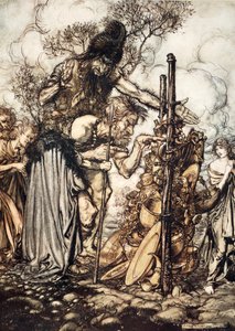 ファフナー「おい！ ここに来て、このおばさんを止めて！」、1910年。 作： Arthur Rackham