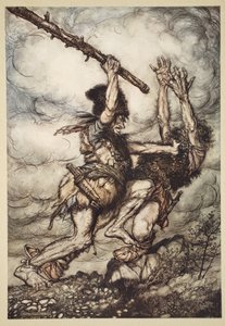 ファフナーがファソルトを殺害、「ラインゴールドとヴァルキリー」のイラスト 作： Arthur Rackham