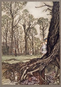 JMバリー（1860-1937）のパブにあるケンジントンガーデンズのピーターパンから、夕方まで妖精たちは多かれ少なかれ隠れています。 1906 作： Arthur Rackham